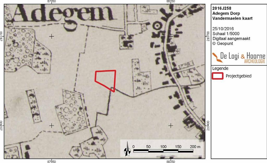 24 DL&H Archeologienota Kaart 25 Figuur 25: Het projectgebied geprojecteerd op de kaart van Vandermaelen ( Geopunt) De kaart van Ferraris uit 1777 is voor Adegem en omstreken misschien niet helemaal