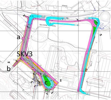 Trafikkplan for Åsane VGS viser sammenkobling mellom gangveg i reguleringsplanen for Myrdal idrettspark og nytt fortau langs ny veg (SKV3).