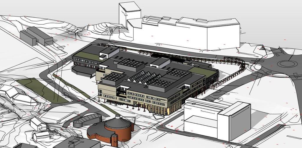 Figur 8, Illustrasjon som viser teknisk anlegg på tak til nye Åsane Videregående skole og kulturhus For naboer i øst vurderes endringen til ikke å medføre endret situasjon på