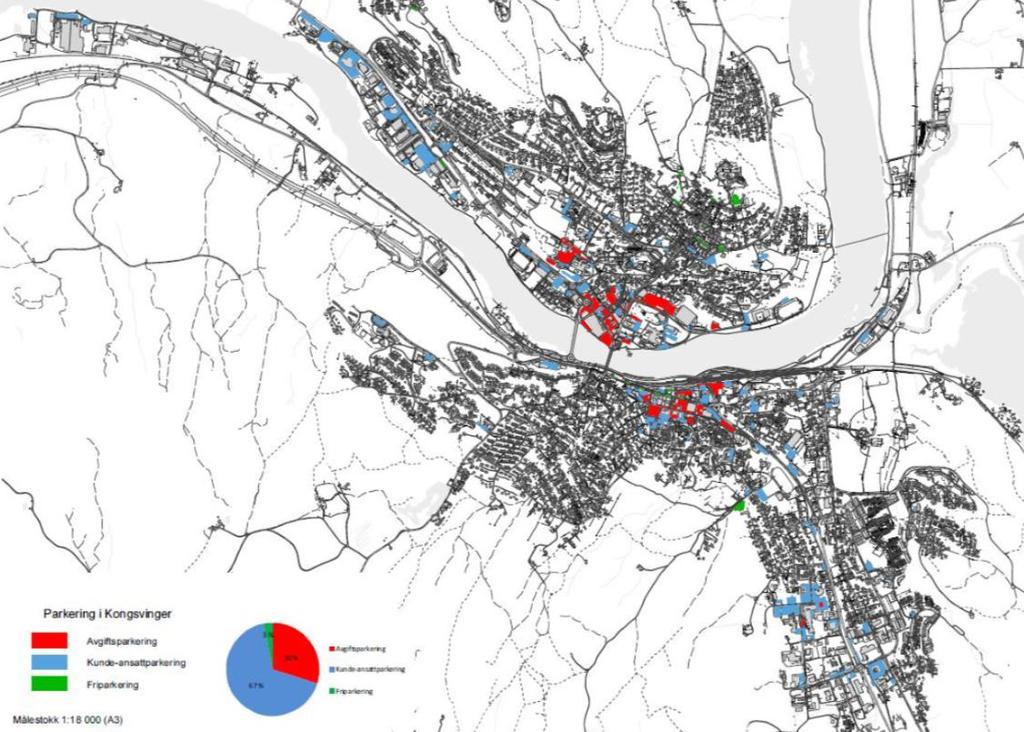 2.3 Samlet parkeringstilbud i dag Kartlegginger gjennomført av Kongsvinger kommune i 2015 viser at det er ca 7000 parkeringsplasser i det samlede byområdet.