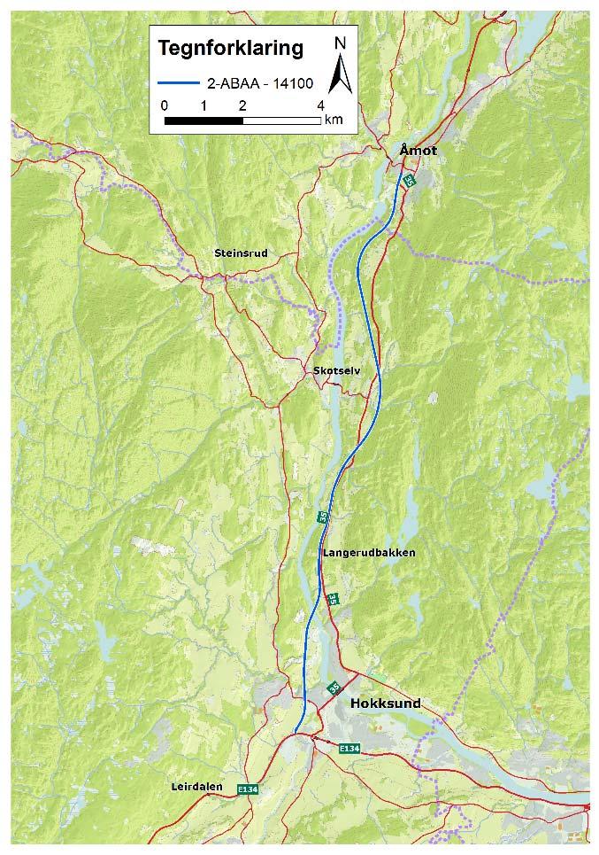 Figur 4-7 Vegkorridor 2-ABAA Vegkorridor 2-ABAA starter ved skogplanteskolen på E134, og går videre på østsiden av fv. 62 og krysser Drammenselva nord for Hellefoss.