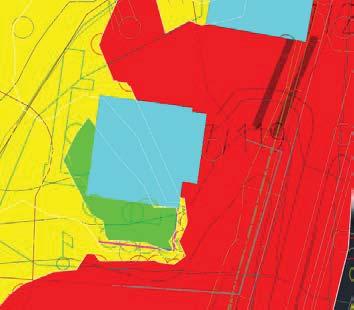 I bildene på neste side vises områder som får beregnet støynivå under 55 db med grønn farge avhengig av skjermplassering