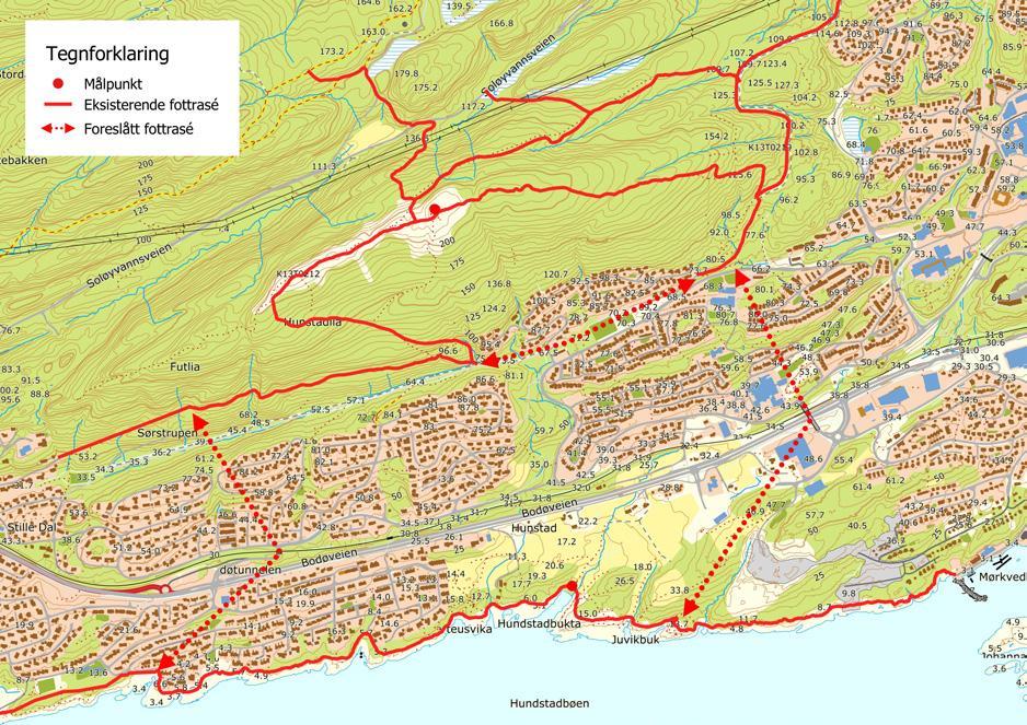 Plan for friluftslivets ferdselsårer M-1292 Figur 4: I eksempelet ligger det svært viktige friluftsområder langs sjøen og i marka nord for bebyggelsen.