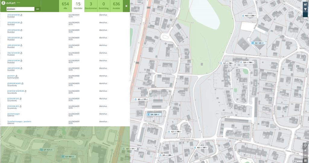 evkart Naviger i kartet Du kan søke opp nye eiendommer eller områder i søkefeltet Zoom i kartet med bruk av «+»/ -tegnene, eller