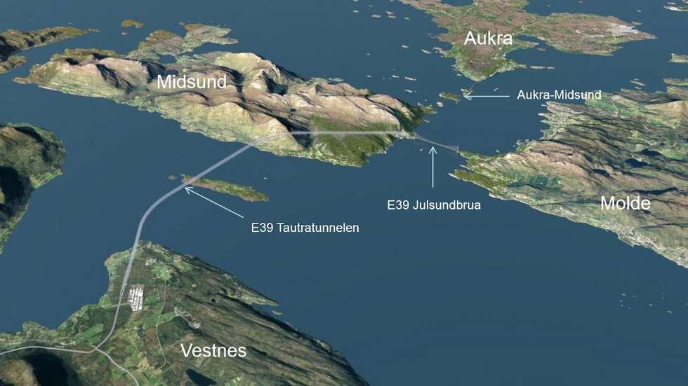 S TREKNINGEN Tautratunnelen Tautratunnelen vil gå fra Vik til Nautneset i Midsund kommune, under Romsdalsfjorden. Den vil være 16 km lang, og gå ca. 350 meter dypt under øya Tautra i Romsdalsfjorden.