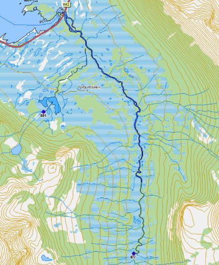 Om lag 1 km av øvre del av lakseførende strekning ble ikke kartlagt på grunn av at elva etter hvert blir svært liten og steinete.