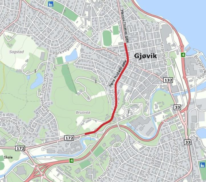 Figur 27 Reguleringsplan for første del av gjennomgående sykkelveg i Gjøvik, Hans Mustads gate og del av Marcus