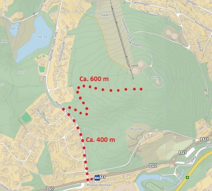 Figur 10 Oversikt over bussholdeplasser i nærheten av Hovdetoppen (Kartgrunnlag: gulesider.no, illustrasjon: Norconsult).