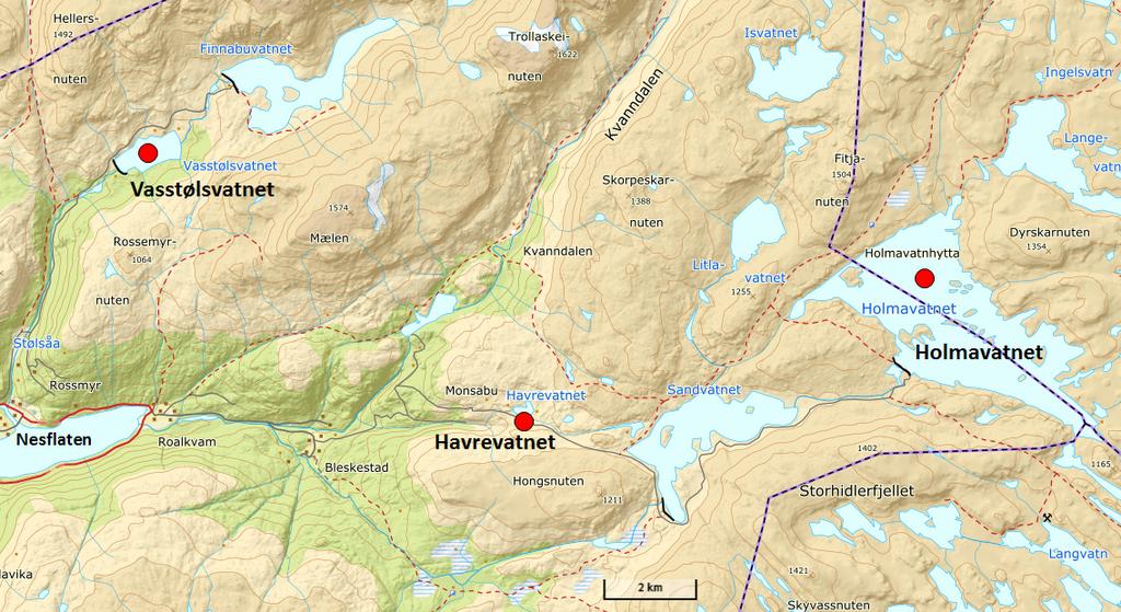 1.0 Bakgrunn Figur 1: Lokaliteter i Suldal som ble prøvefisket i 2018: Holmavatnet, Havrevatnet og Vasstølsvatnet.