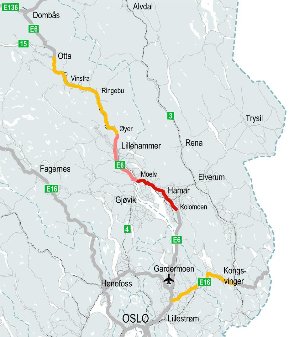 Nye Veier Innlandet 2017 2020: E6 Kolomoen Moelv (43 km) 2019 2025: E6 Moelv
