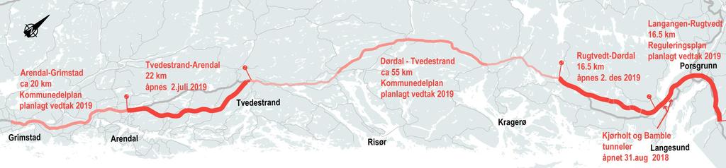 E18 Langangen-Grimstad Mål: 155 km - 30 mrd NOK ferdig utbygd i 2027/28 Minst 30 min kortere reisevei Oslo-Kristiansand når E18-porteføljen er utbygd