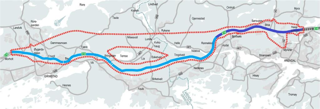 Mulig entrepriseinndeling E18 Arendal Grimstad Ca. 14 km ny firefelts E18 (110 km/t) - 10-11 km veg i dagen - 1 km med bruer - Noe tunnel - 1 stk. nytt kryss Ca.