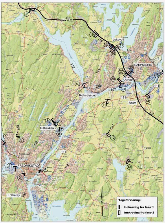 etablert knyttet til videreføringen av bypakken. Når en ny bru over Glomma i Fredrikstad er på plass, vil det i tillegg være aktuelt med en bomstasjon på/ved denne brua.