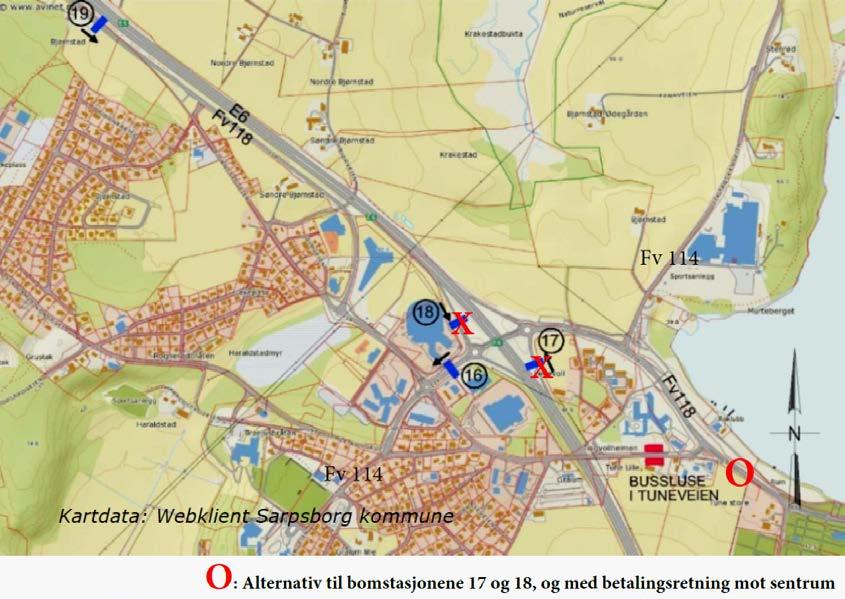 Figur 7: Alternativ bomstasjonsplassering ved Lekevollkrysset Her er bomstasjonene 17 og 18 på E6-rampene fjernet og erstattet med en bomstasjon på fv.