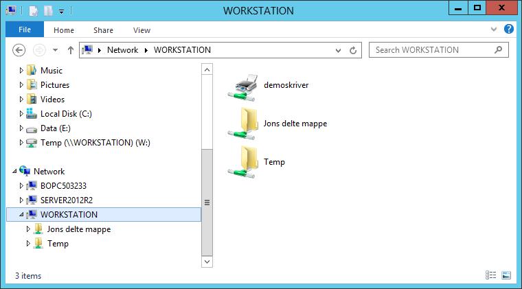 Demo: Koble til delte mapper fra Windows-klient Delte ressurser vises i Windows filbehandler Delte mapper krever først pålogging til maskinen som deler, og vises under