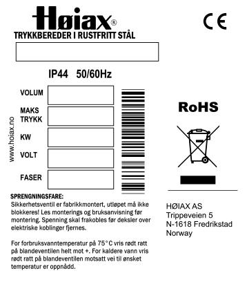 10 Bar. Se punkt 3.1 «Produktets dimensjoner og eskens innhold» for produktmål. 1.2 ENERGIKLASSER NRF nr.