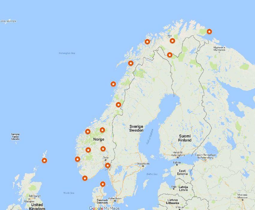 A.1.3 Lynsensorer (MET) har også ansvar for lynregistreringene. I lynnettverket vårt har vi 14 lynsensorer i Norge, en i Danmark og en på Shetland (se Figur A.1).