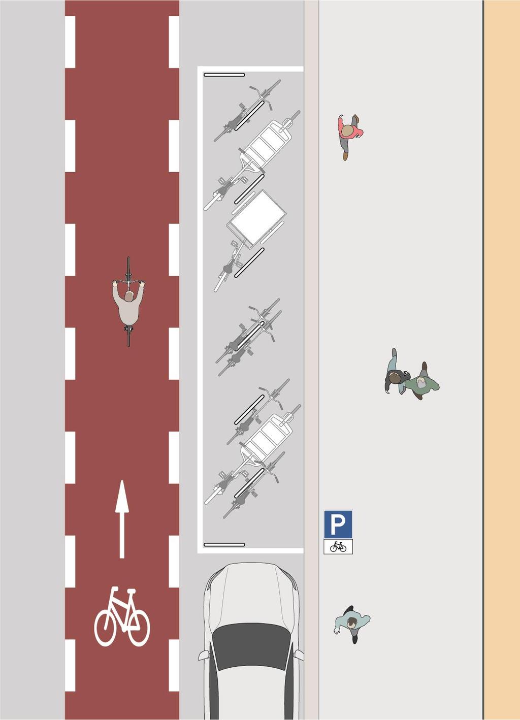 Figur 11: Sykkelparkering på veiareal, på innsiden av sykkelfelt Sykkelparkering langs sykkelfelt skaper sammenhengende sykkelinfrastruktur Figur 15 viser omdisponering fra bilparkering til