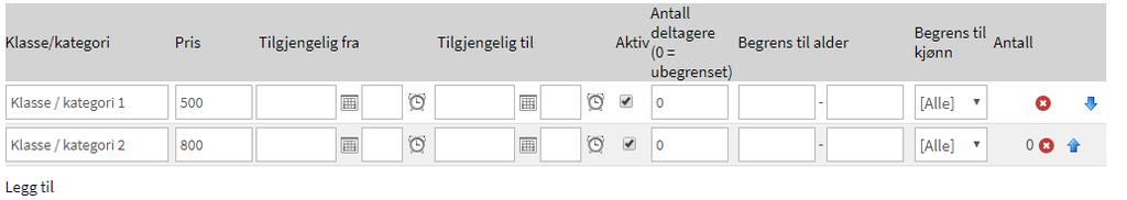 Klasse / Kategori Når du har fylt ut all nødvendig informasjon om arrangement vil du lenger ned på siden se Klasse / Kategori: Alle arrangementer er nødt til å bruke minst én Klasse / kategori, da