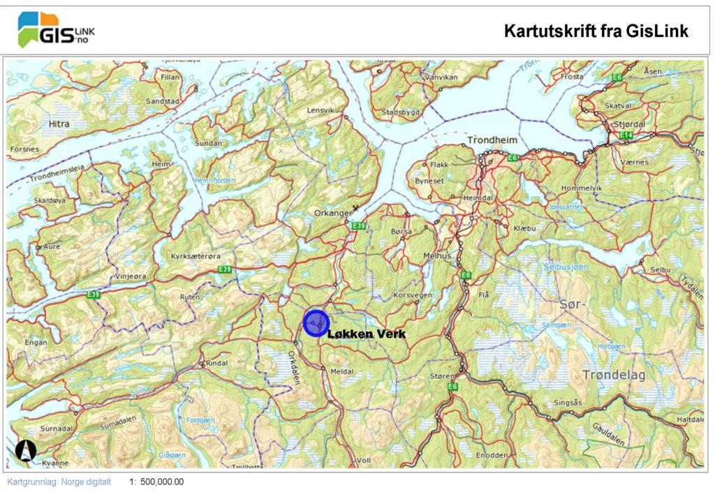 Løkken gruveområde. Tiltaksplan 7 (29) 1 INNLEDNING 1.1 Lokalisering Løkken gruveområde ligger ved Løkken Verk i Meldal kommune, Sør-Trøndelag fylke (se figur 1).