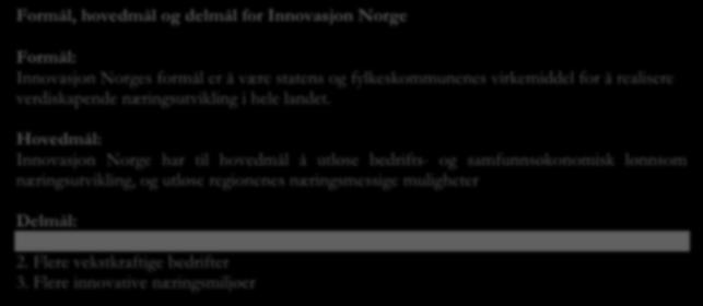 Hovedmål: Innovasjon Norge har til hovedmål å utløse bedrifts- og samfunnsøkonomisk lønnsom næringsutvikling, og utløse regionenes næringsmessige muligheter Delmål: 1. Flere gode gründere 2.