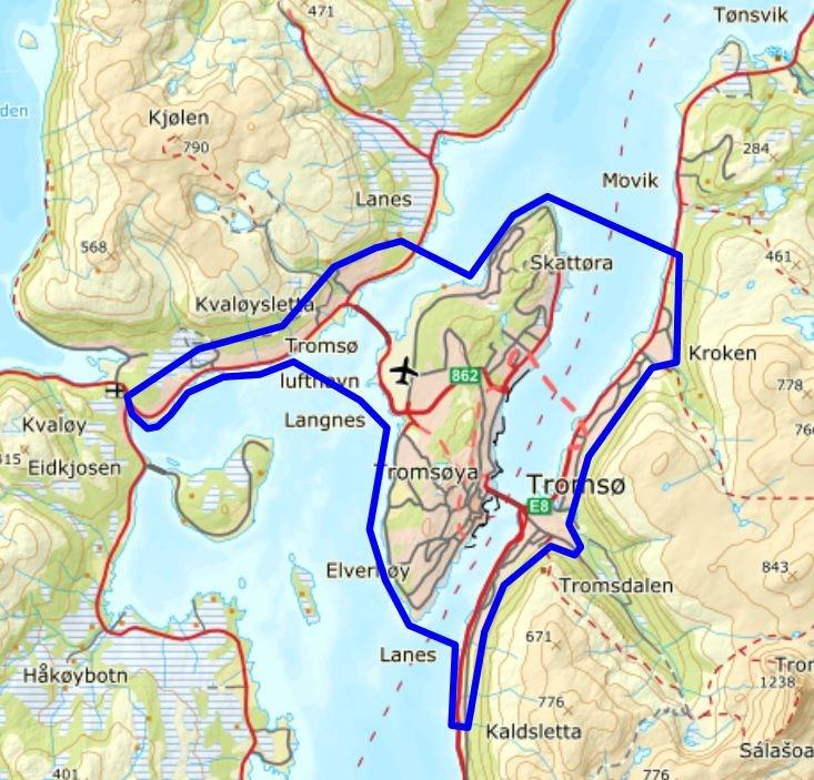 Byområdet er tredelt og består av Tromsøya, de tettbebygde delene av Kvaløya og fastlandet mellom Solligården og Skjelnan. KVU skal ikke vurdere tiltak i byområdet.