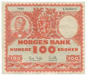 Sedler 679 Lot 3 stk. 100 kroner 1957 F, 1958 F og 1959 G 1+ 1 000 680 100 kroner 1958. F8721906 1+ 400 681 Lot 2 stk.