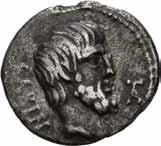 Antikke mynter 1107 1107 L. Thorius Balbus 105 f.kr., denarius. Hode av Juno Sospita i geiteskinn mot høyre/ Okse mot høyre S.192 Cr.316/1 1+ 300 1108 L. Julius L.