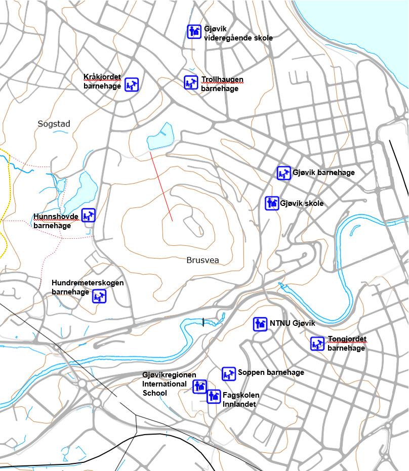 Figur 9 Hovdetoppen er omkranset av barnehager og skoler som i varierende grad bruker området aktivt på dagtid (Kartweb Gjøvik kommune) Tongjordet barnehage bruker området 1-2 ganger pr.