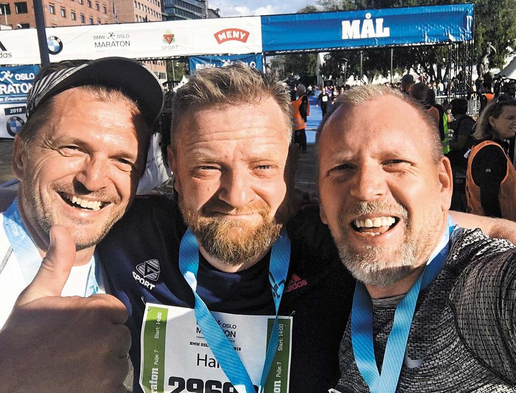 Trening ble terapi Ett år og én dag etter operasjonen gjennomførte Han Petter Oslo halvmaraton. Fra v. Tom Helge Butteberg, Hans Petter Spydslaug og Geir Petter Novik.