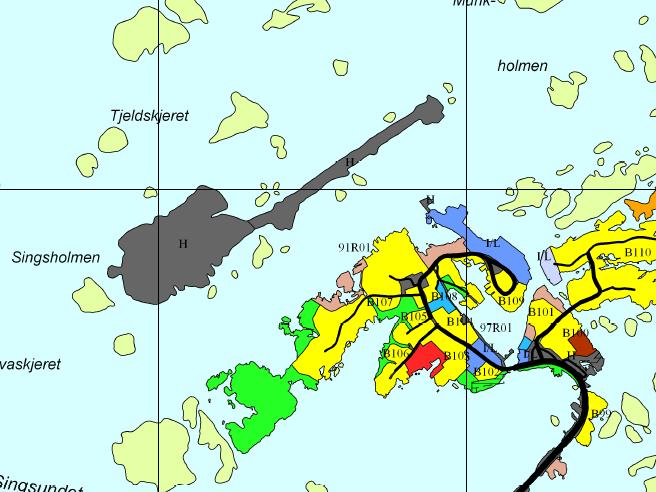 Området er allerede utbygd med moloanlegg og brygge med kai. Figur 1: Kommunedelplan Veiholmen Nord.