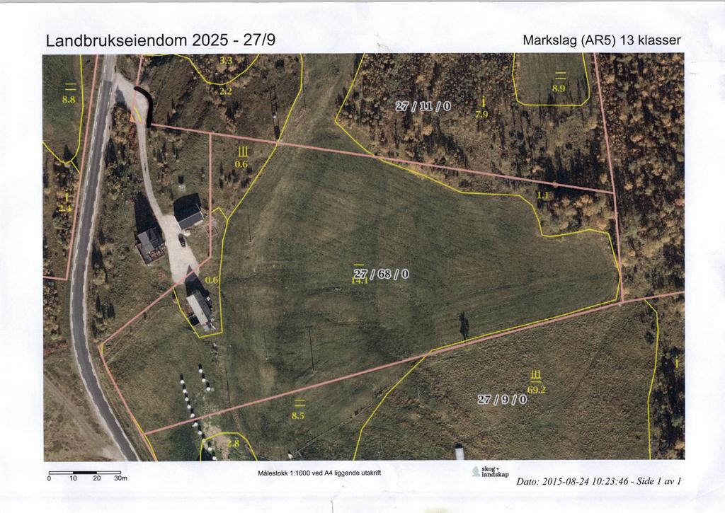 Landbrukseiendom 2025-27/9 Markslag (AR5) 13 klasser 27 / 68 / 0 27,4t9 / 0 10 20 30m