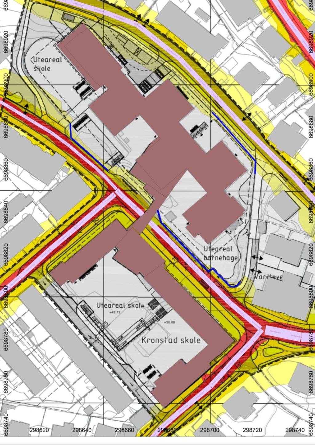 støyreduserende effekt, og det gjør at støynivå på barnehagens uteareal tilfredsstiller grenseverdi. Likeledes anlegges det en 1,0 m tett rekkverk sør for Kronstadveien.