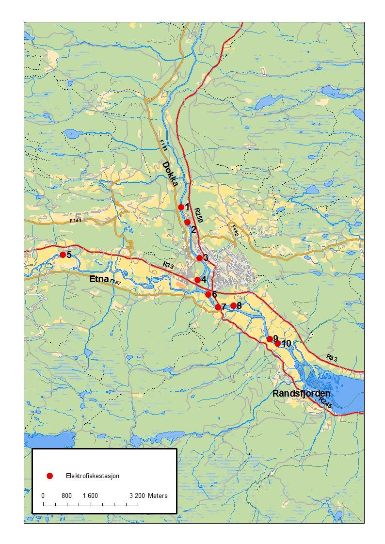 Figur 28 Oversikt over de ulike elektrofiskestasjonene i Dokka, Etna og Dokka-Etna. Tettheten av ørret i 2011 varierte fra 0,01-0,83 individer per m 2 på de ulike stasjonene (tab 39).