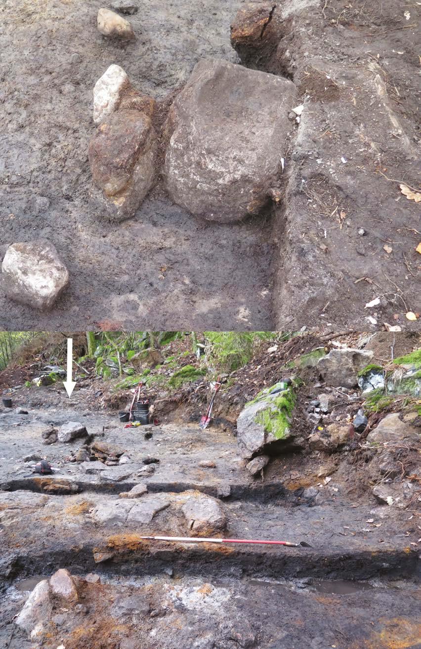 293 Figur 2.4.1.10: Øverst: nærbilde av den store slipesteinen på Krøgenes D2. Nederst: steinpakningen under utgravning.