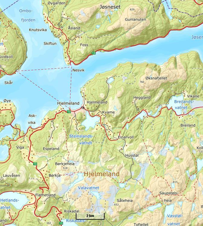 Figur 3. Oversiktskart som viser Hjelmelandsvassdraget. Undersøkelsesområdet er vist med rød innramming.