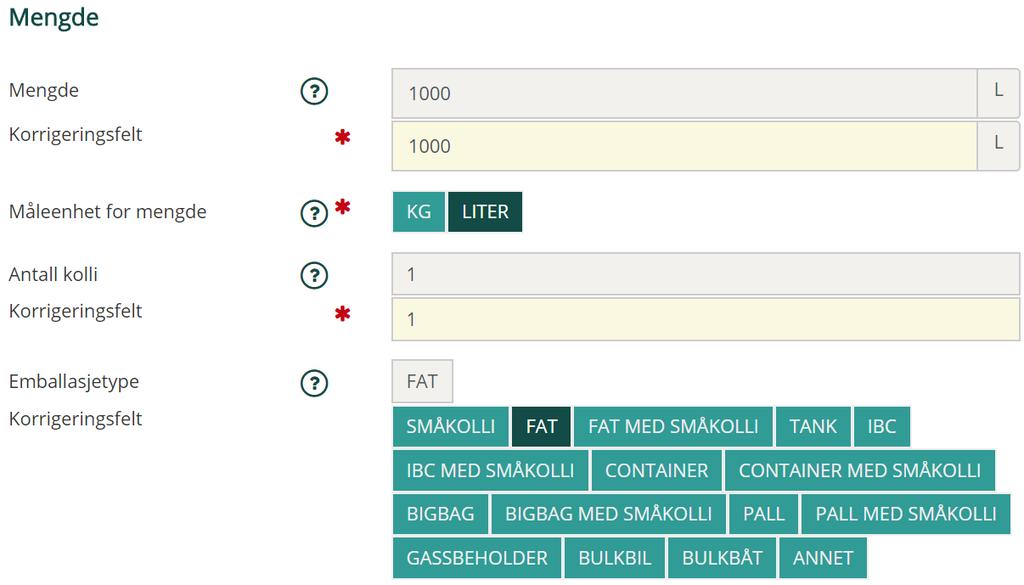 Korrigere beskrivelse av avfallet Alle felter under gruppen Avfall kan korrigeres, dvs. avfallstype, avfallsstoffnummer og EAL-kode.