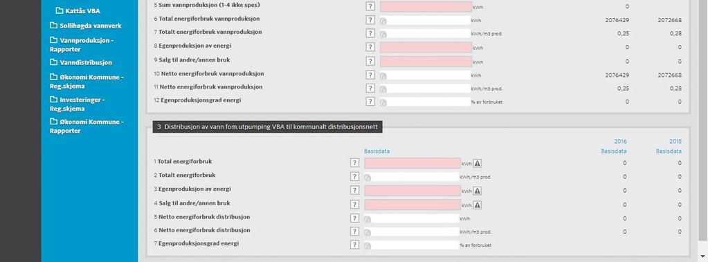 Angis på toppen av skjemaet Energidata vannproduksjon: I denne delen av skjemaet registreres alt forbruk og produksjon av energi fra kilde tom. selve vannbehandlingsanlegget.