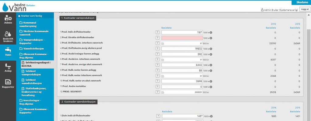 4.4 Registrering av økonomidata på kommunenivå 4.4.1 Kommunalt selvkostregnskap for vannforsyningen Data fra selvkostskjema 23 importeres til bedrevann fra KOSTRA i felt merket med K.