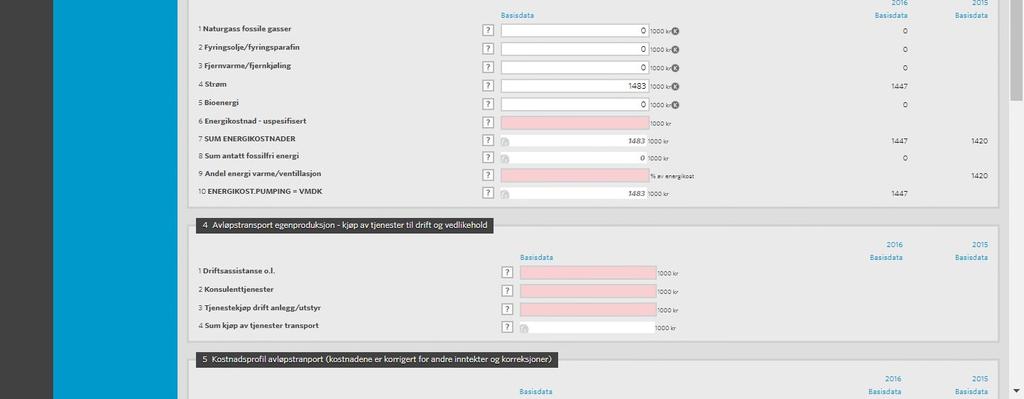 Feltgruppe 3 henter inn energidata fra regnskapet, suppler ev. rapporteringen i de rosa feltene.