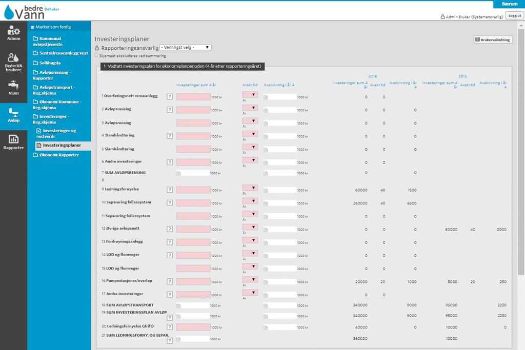 6.4.5 Rapportering av vedtatte investeringsplaner for neste fire år Registrer sum investeringer og ledningsfornyelse for fire år som ligger i vedtatt investeringsplan for kommende økonomiplanperiode.
