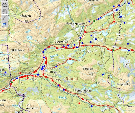 Figur 17: Kart over irregulær avgang av hjortevilt i Rindal perioden 01.01.2016-31.12.