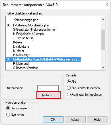 Endre komponentnummer i kurslisten Alle komponentene i en (eller flere) komponentgrupper skal nummereres i henhold til kursnummer, f.eks. kontaktorer og F-vern.