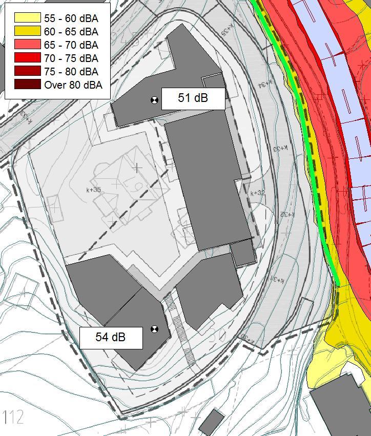 Figur 7. Støynivå 1,5 m over terreng, vist med farger, og støynivå på to takterrasser vist med punktberegninger.