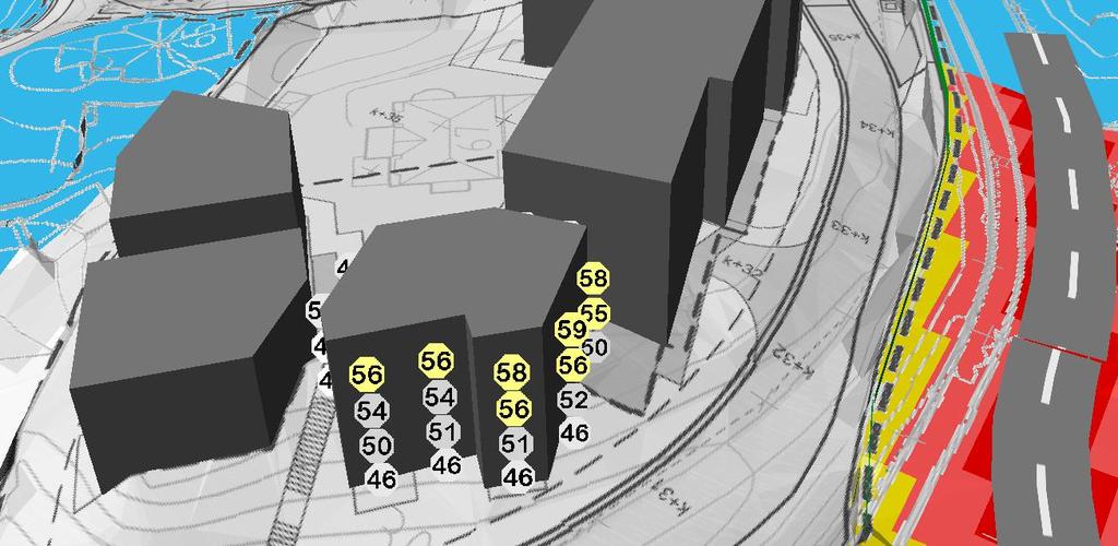 tette rekkverk for å få støynivå under 55 db, se Figur 8. Rekkverkene kan ha ordinær høyde. Figur 8. Støynivå ved det sørøstlige bygget.