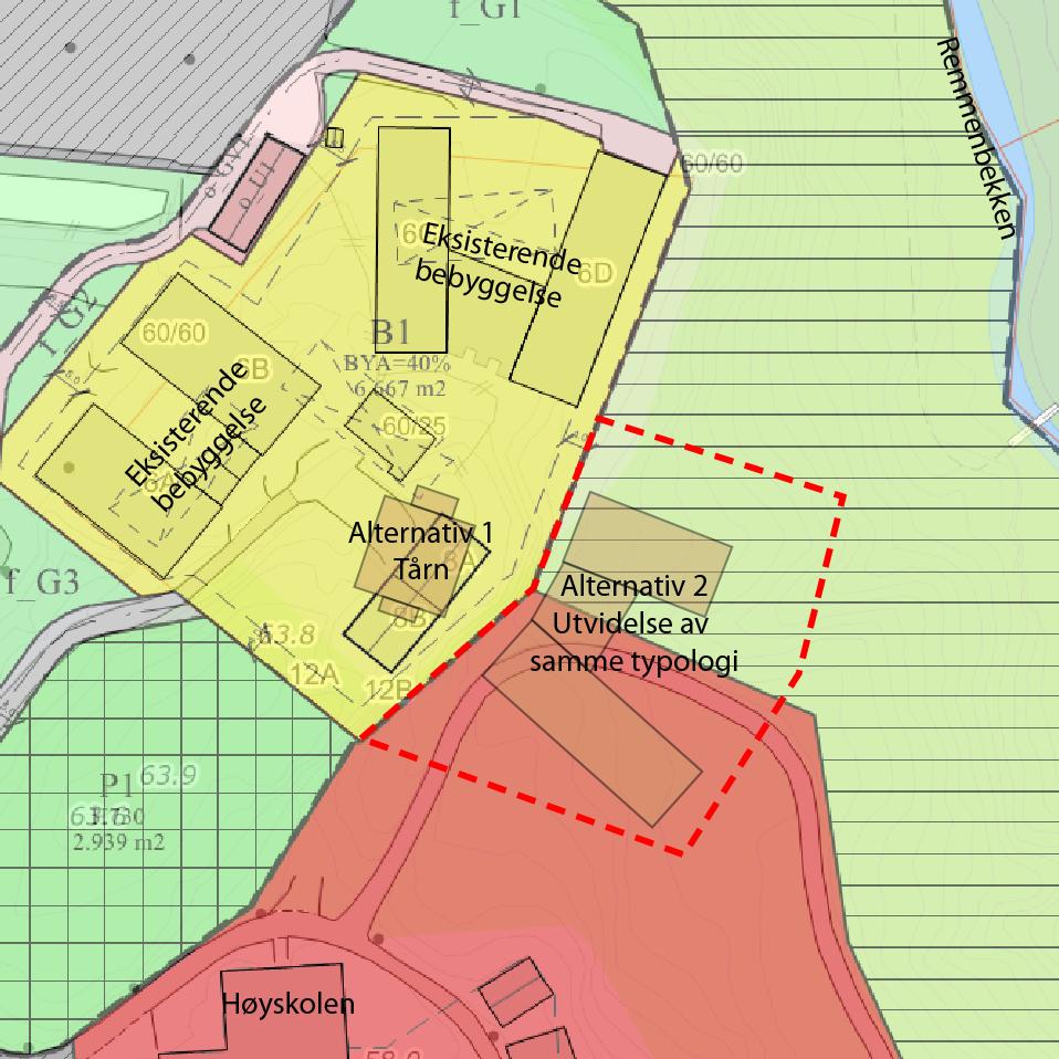 Avgrensningen av arealet ble trolig foretatt ut fra behovet som fantes ved reguleringen i 2002. Denne avgrensingen ble videreført ved utarbeidelse av gjeldende kommuneplan. Figur 3.