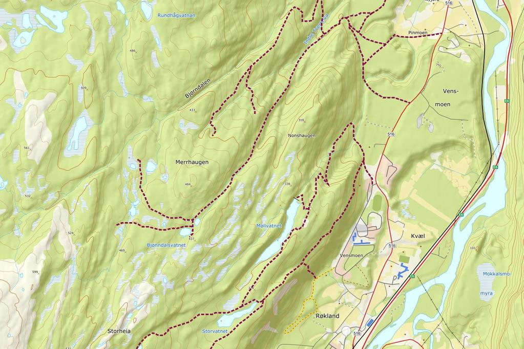 Planområdet Figur 17 Turstier i området (markert i lilla) 4.3.