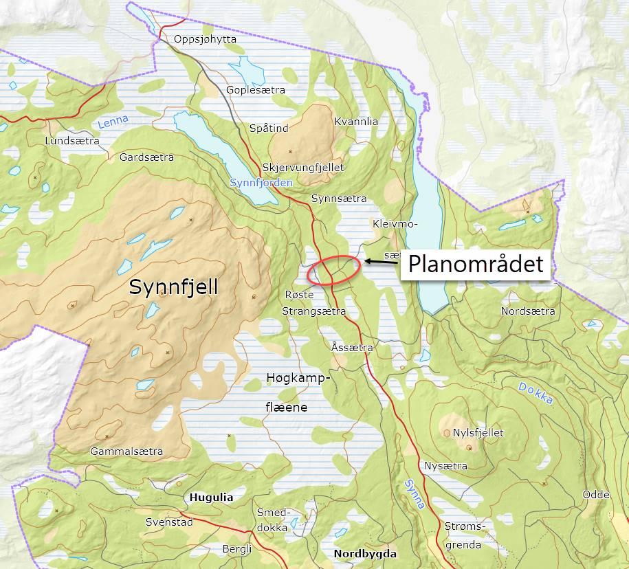 Side. 2 PLANOMRÅDET Oversiktskart planområdet markert med rød sirkelsymbol Klevmosætervegen ligger nord i Nordre Land kommune, ved foten av Synnfjell.