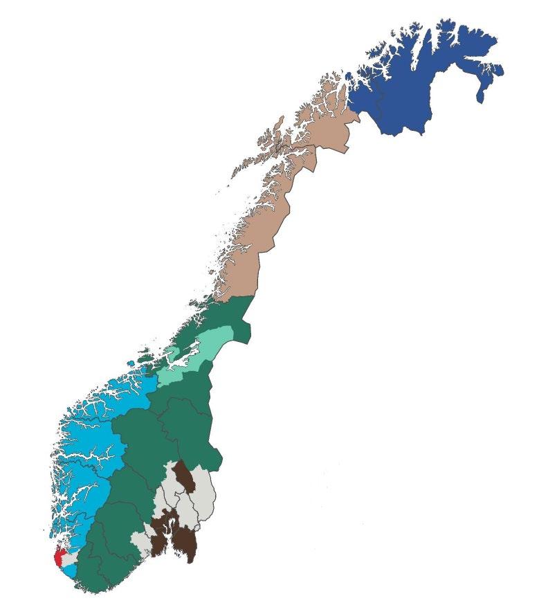 interessant. Sone 4 består av de beste jordbruksarealene i Trøndelag, med mye fôrkorn, gras og grønnsaker. Sone 5 til 7 (Vestlandet og Nord-Norge) er i all hovedsak rene grasområder.