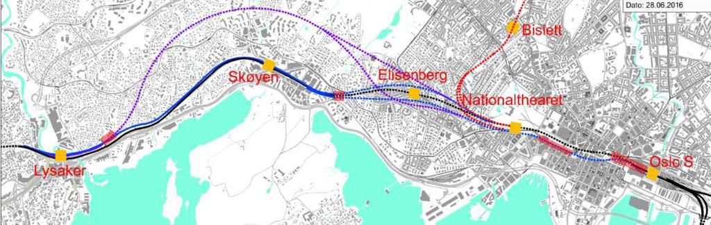 Prosjektets anbefaling videreføring av følgende løsninger: 2 alternativer Oslo S, 2 alternativer Nationaltheatret Alternativ 3 Lang tunnel mellom Nationaltheatret og Lysaker (Lysaker - alt.